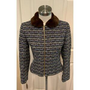 Carolina Herrera New York Blue Tweed Zip-Up Jacket Removable Fur Collar, Size 4
